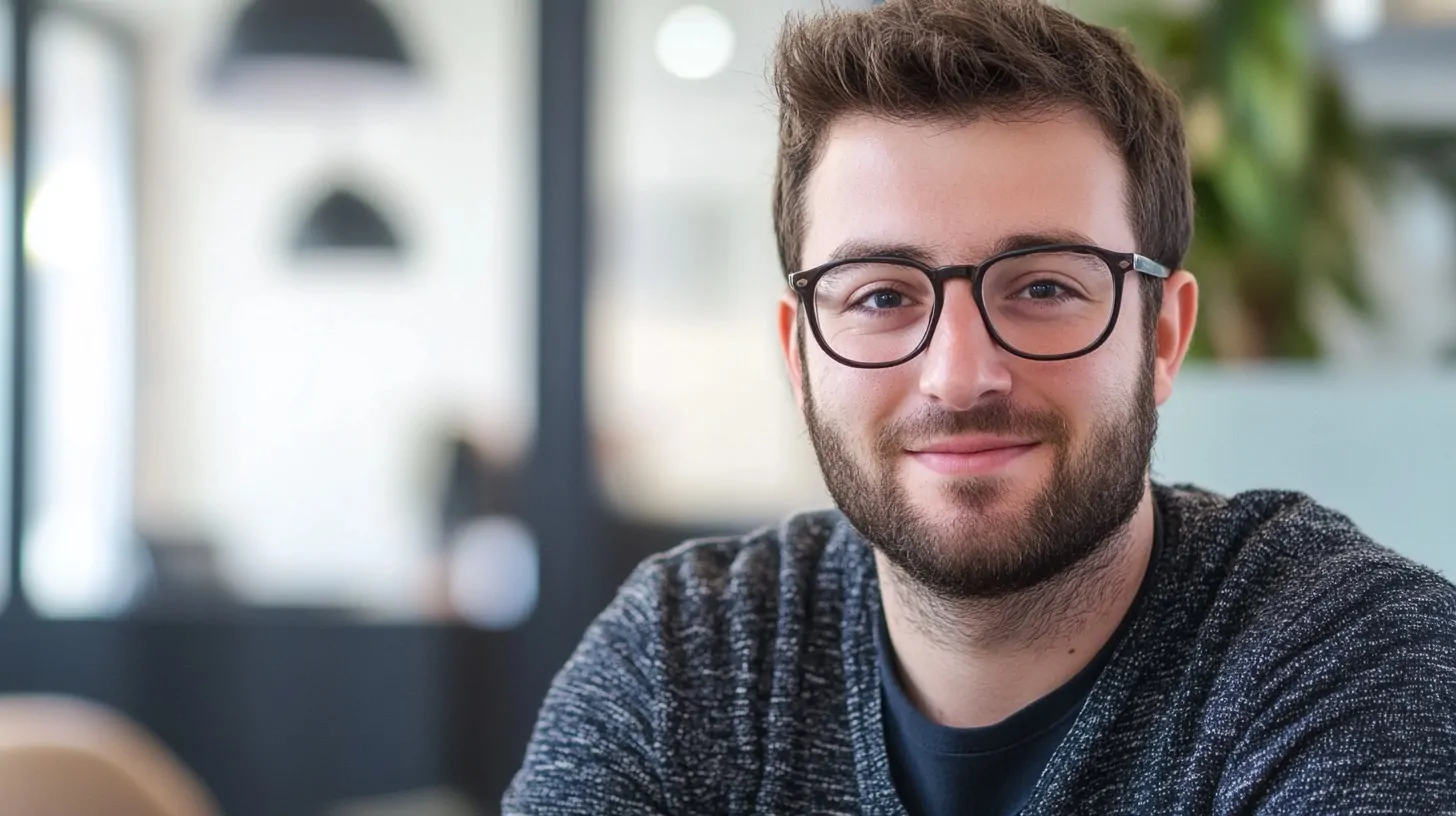 cheerful man with glasses sitting in a bright, modern workspace, looking confidently at the camera