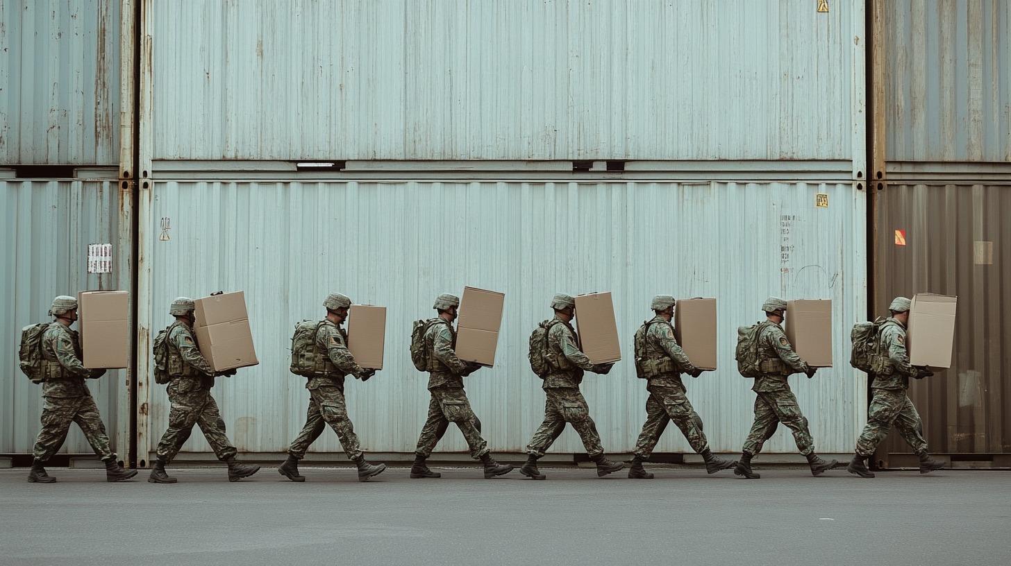 A row of soldiers in uniform carrying cardboard boxes in front of a shipping container backdrop