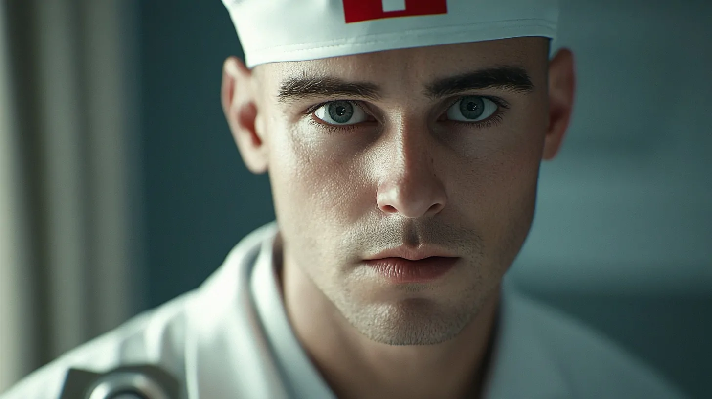 Close-up portrait of a young male nurse in a military-style uniform with a stethoscope