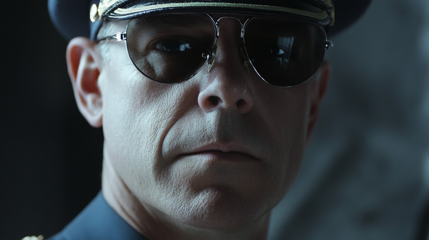 Close-up of a man in a military uniform wearing aviator sunglasses and a peaked cap, with a serious expression