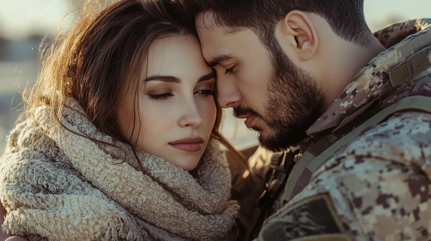 close-up of a woman wrapped in a scarf and a man in military camouflage, leaning their foreheads together with an intimate and emotional expression