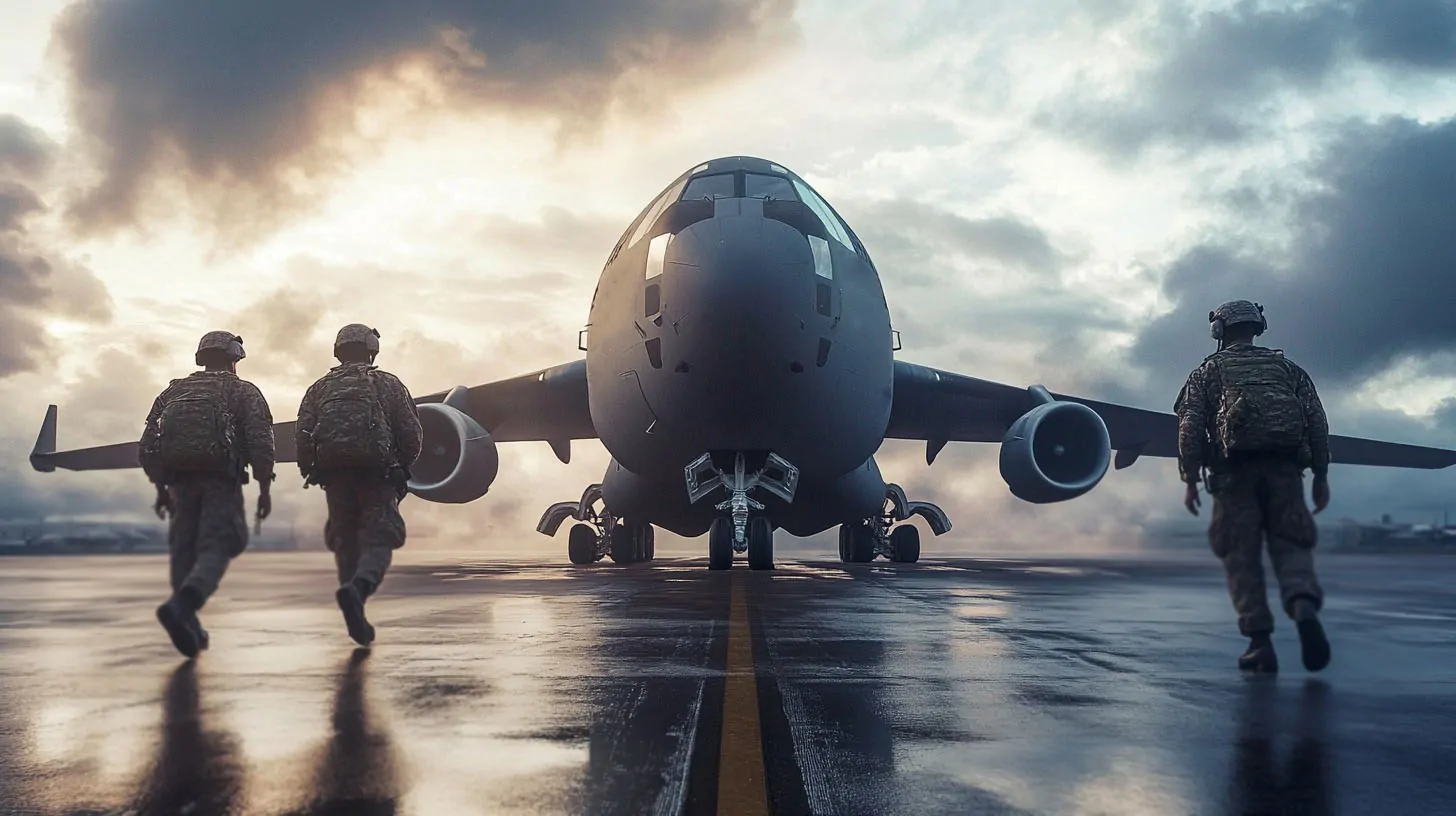 Three Air Force Reserve members walking towards a large military aircraft on a runway at dawn