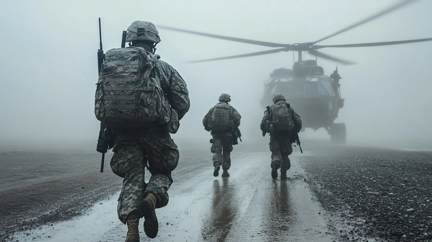 Three soldiers in full gear walking toward a helicopter in dense fog on a wet, muddy terrain