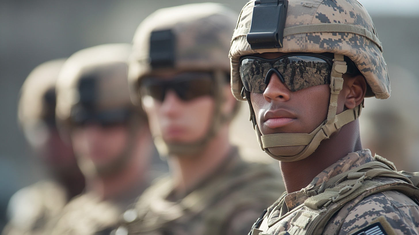 A close-up of a soldier wearing sunglasses, a helmet, and camouflage uniform with other soldiers blurred in the background