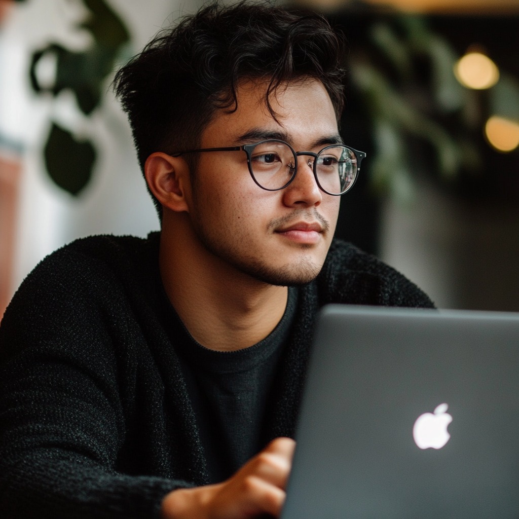 young man wearing glasses, focused while working on a laptop in a modern, cozy setting