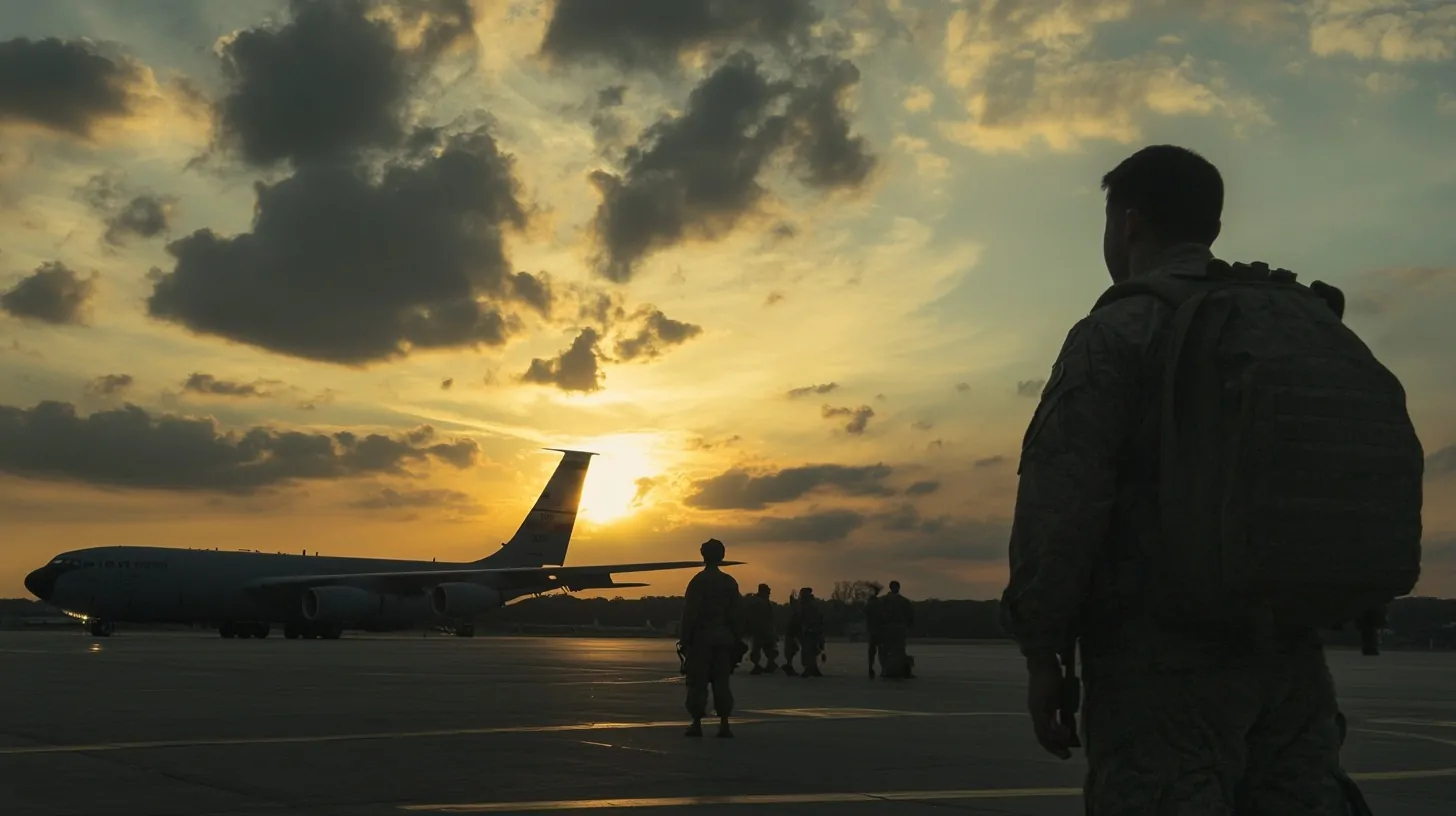 Air Force personnel standing on the runway near a military aircraft with a vibrant sunset in the background