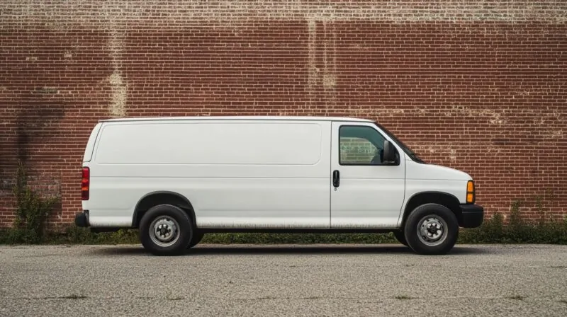 A white cargo van parked in front of a red brick wall