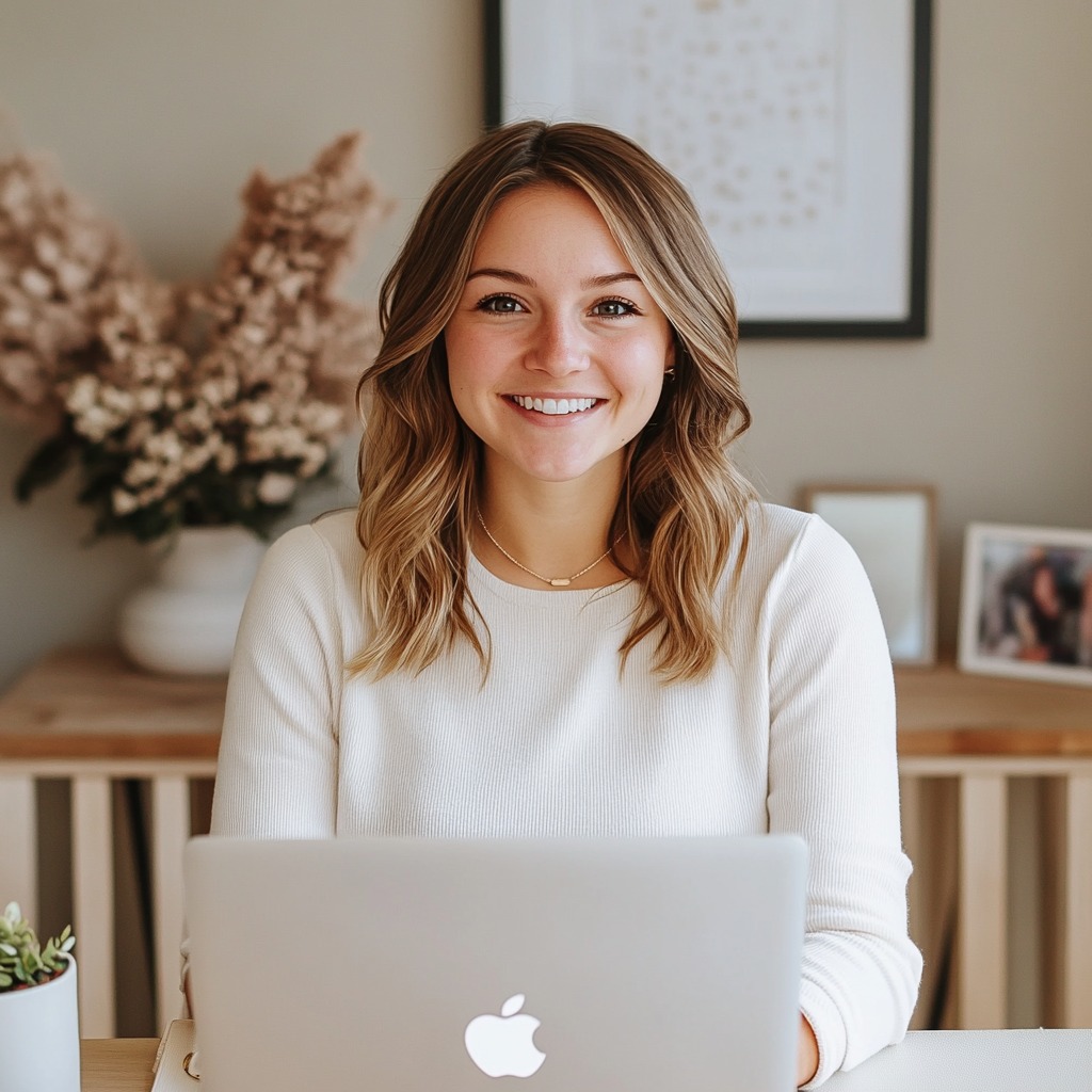 smiling woman sitting at a desk with a laptop, in a bright and neatly decorated home office