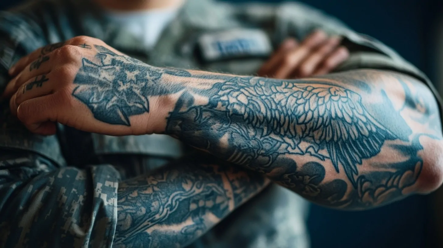 Close-up of tattooed arms on a U.S. Air Force member in uniform, showing intricate designs and an eagle tattoo