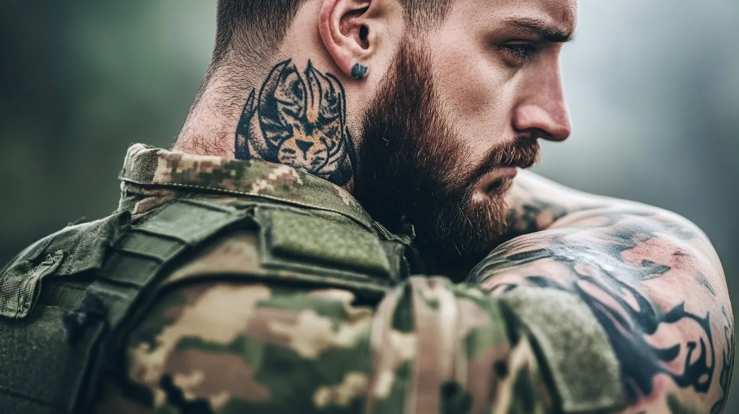 Close-up of a soldier with a tattooed neck and arm, wearing a military uniform