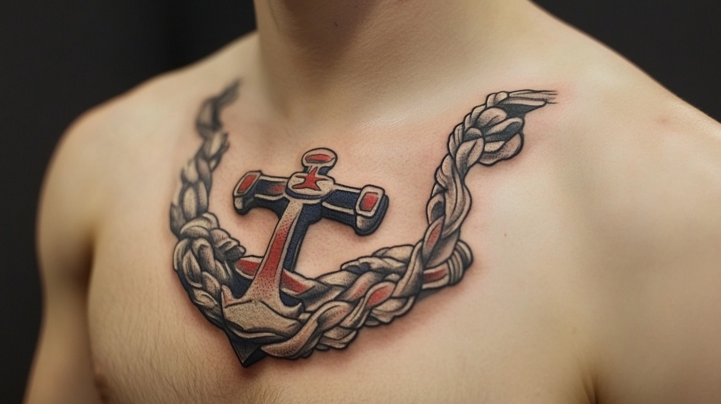 Close-up of an anchor tattoo with rope design across a person's chest