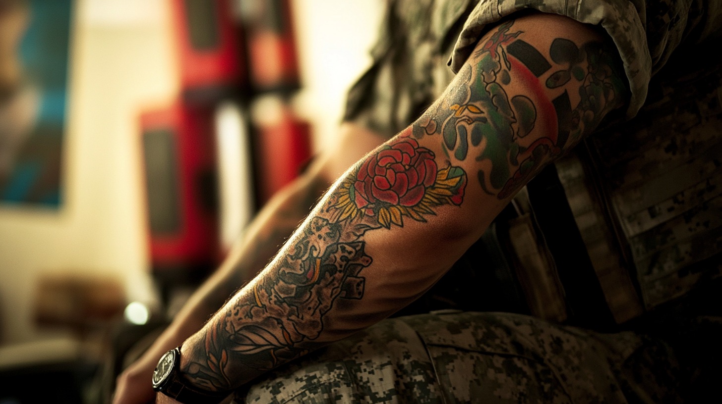 Close-up of a colorful tattoo sleeve on a Marine's arm, featuring a red rose and intricate designs