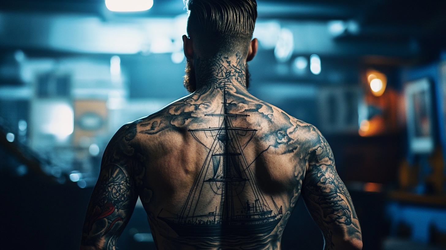 Tattooed back of a man featuring a detailed ship design, standing in a dimly lit room