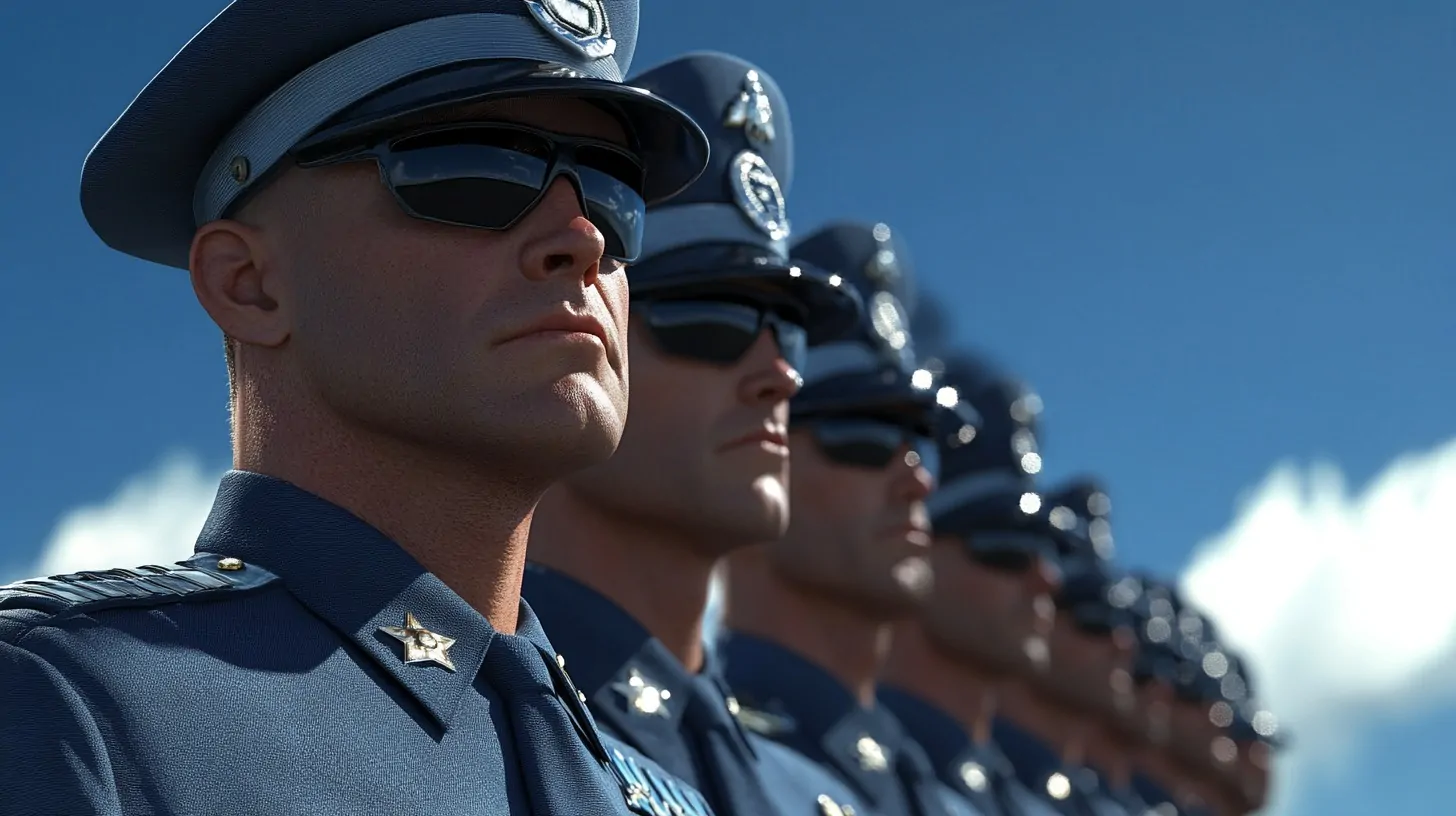 Close-up of Air Force officers in blue uniforms and hats, wearing sunglasses, standing in formation under a clear blue sky