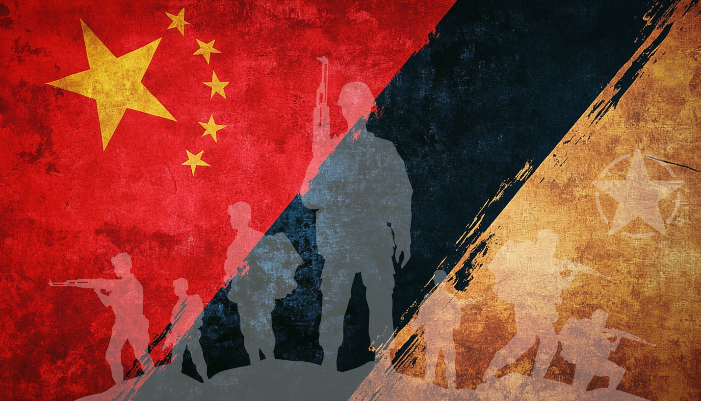 Silhouettes of soldiers against a divided background of Chinese and U.S. military-themed flags.