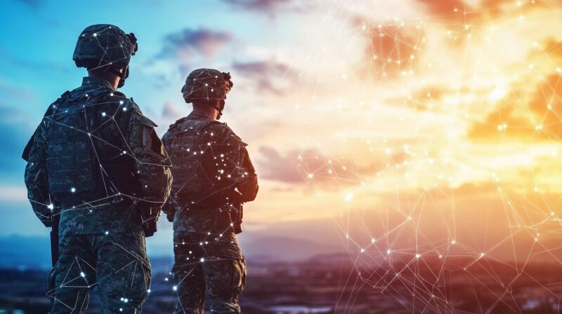 Two soldiers in modern combat gear connected by a digital network under a sunset sky