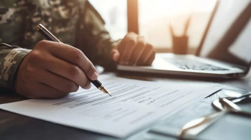 A person in military uniform filling out a form at a desk with a pen, a laptop in the background