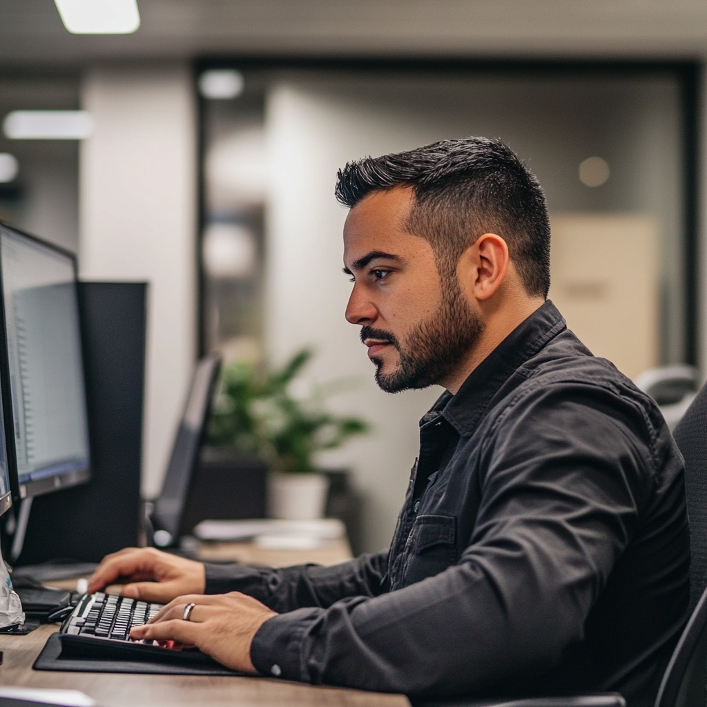 focused man working on a computer in an office setting, typing on a keyboard