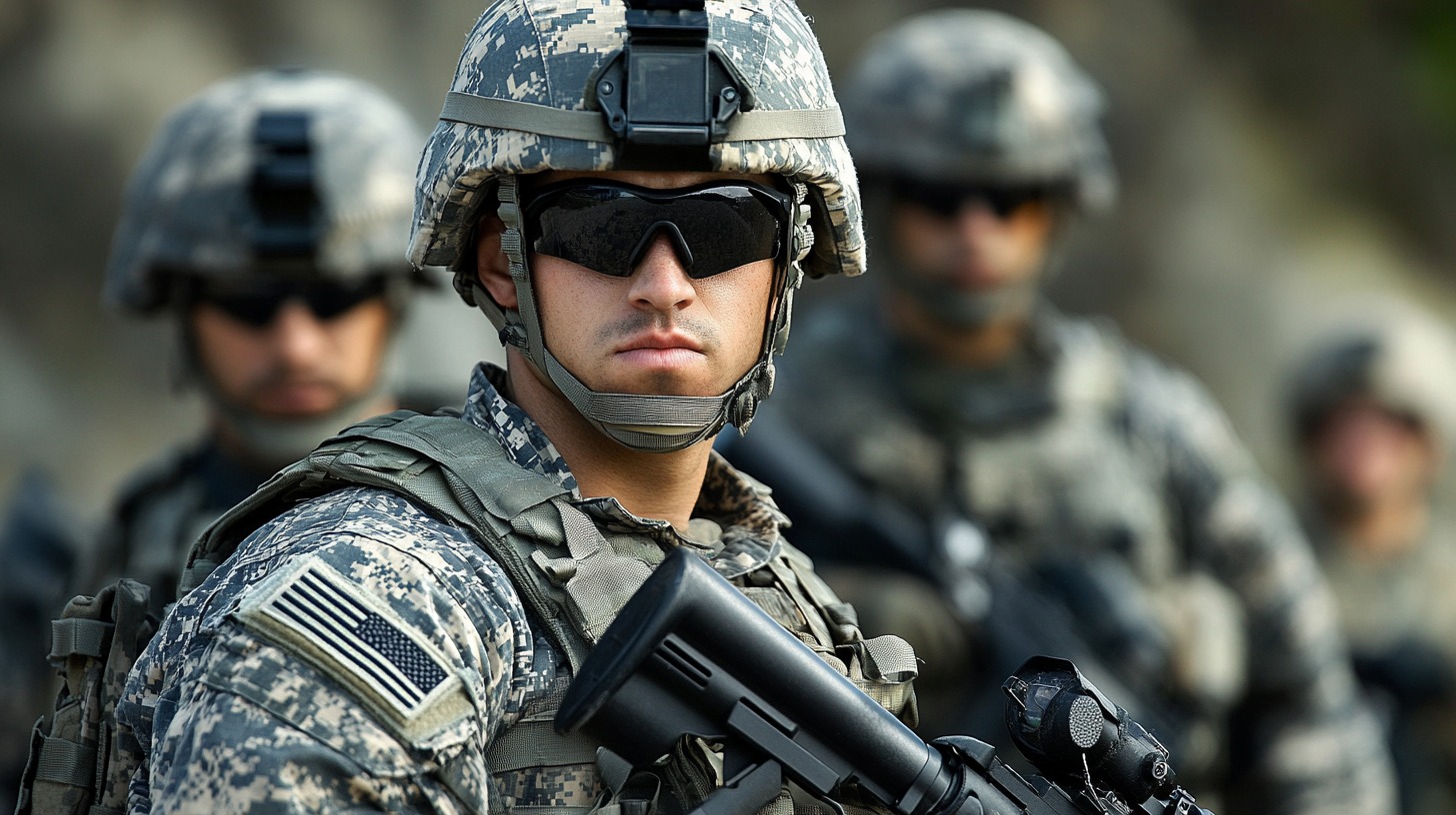 Group of soldiers in military uniforms and gear, standing together with focused expressions.