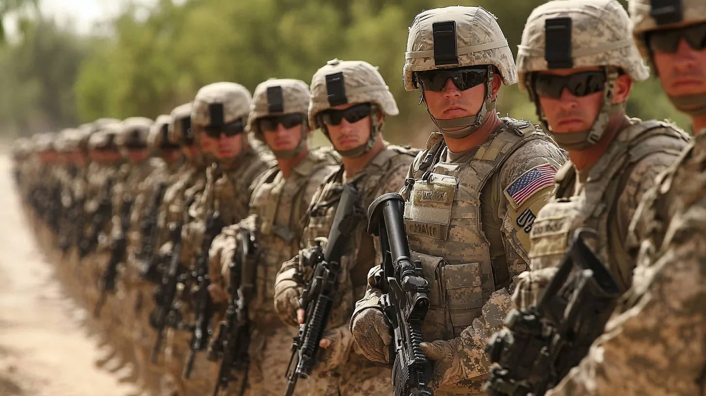 A group of US soldiers in military gear stand in formation with rifles, focused and ready