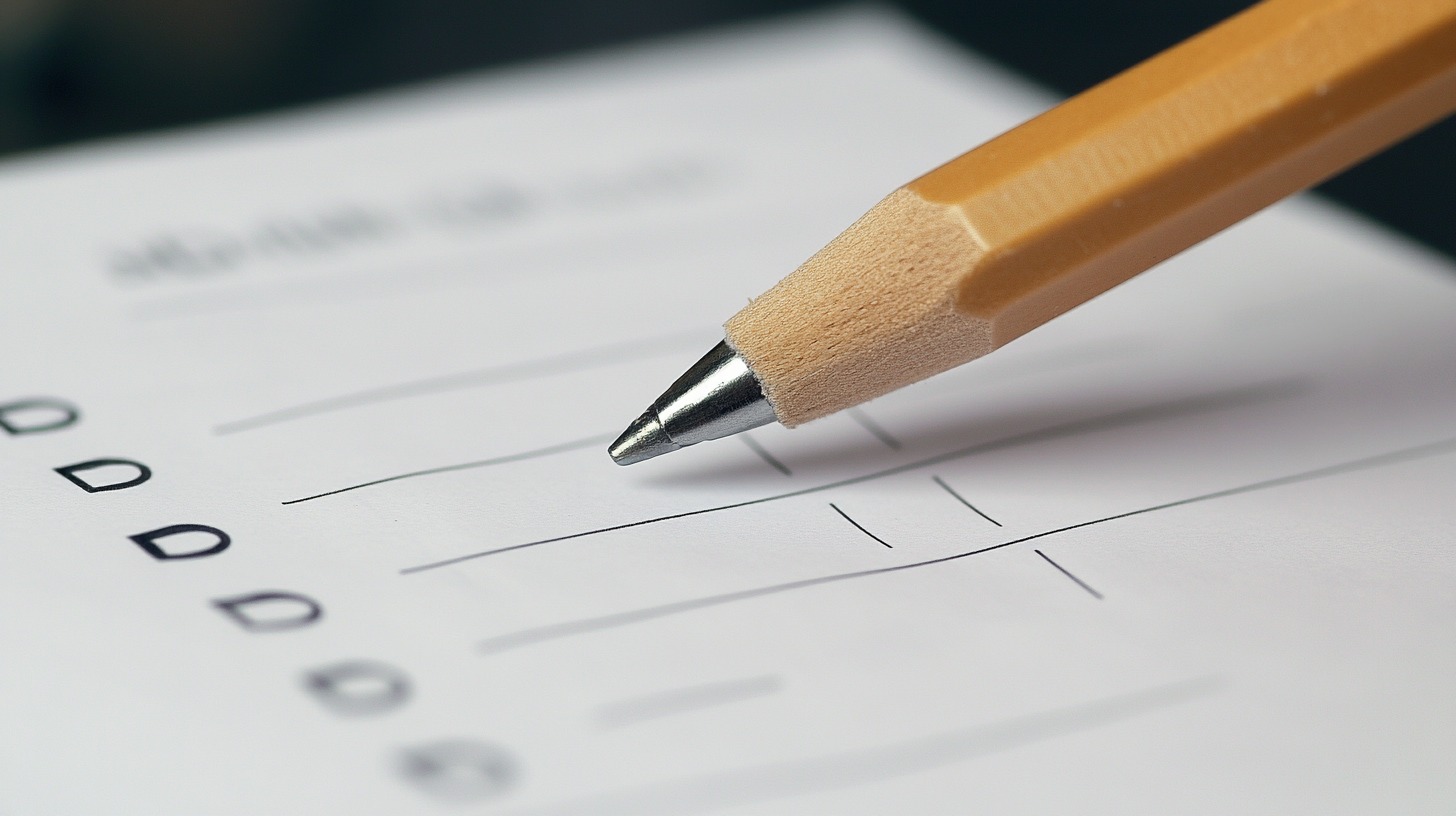 Close-up of a wooden pencil filling out a checklist on a form.