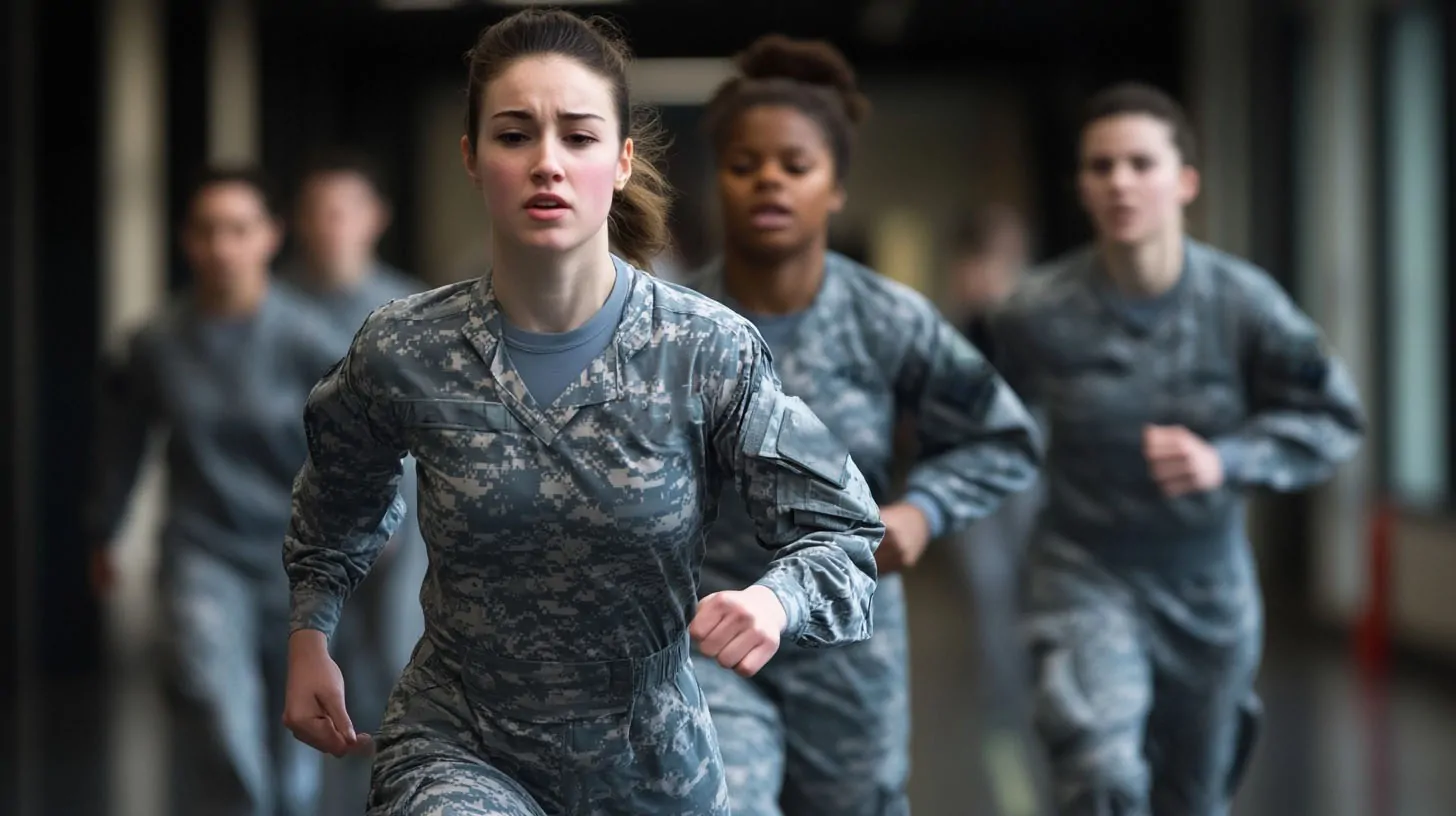 A group of Air Force Reserve trainees running indoors in uniform