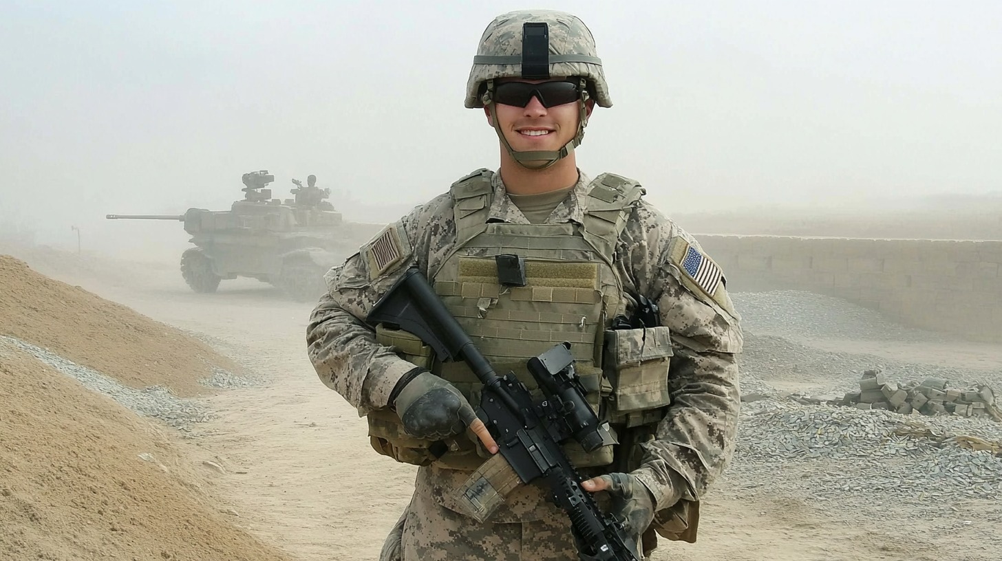 A smiling soldier in military uniform holding a rifle, standing in a desert area with an armored vehicle visible through a dusty haze