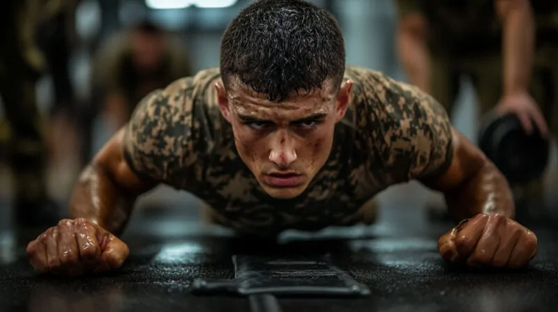 A focused soldier in camouflage performing push-ups with determination during a physical training session, sweat and grit visible on his face