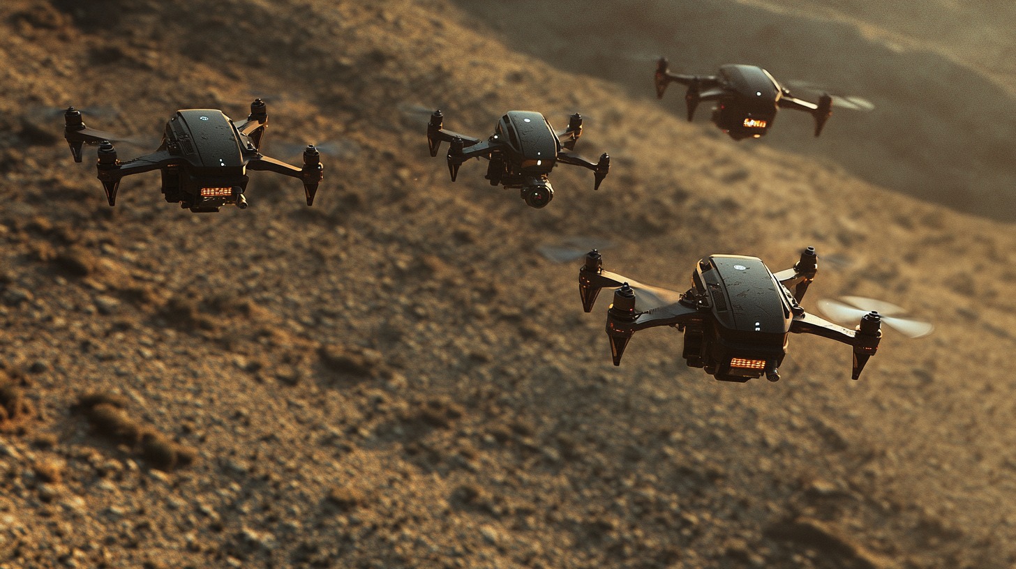 A group of black drones flying in formation over a rocky landscape during golden hour