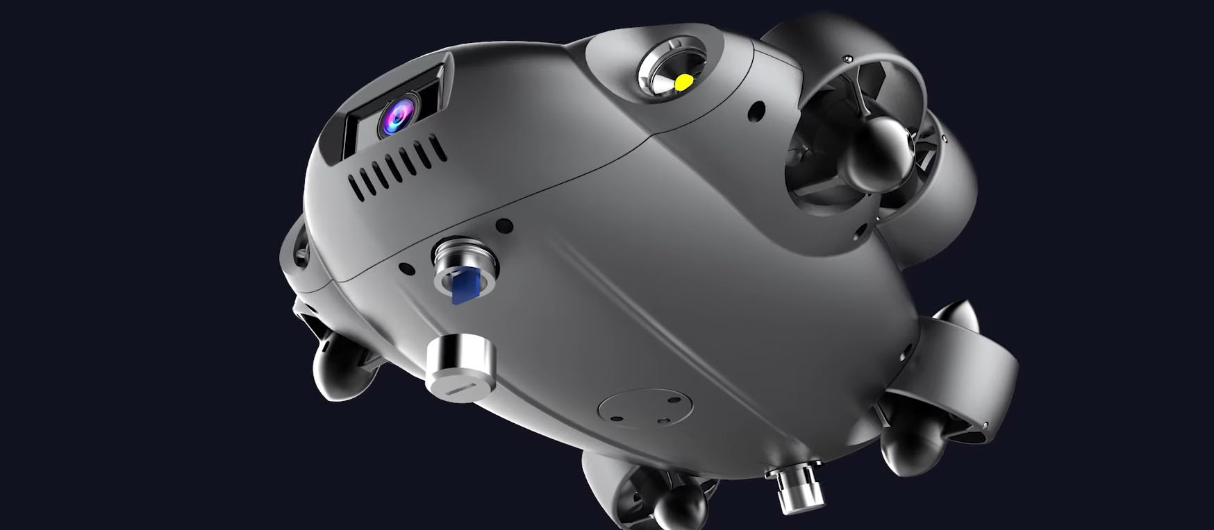 Close-up view of the FIFISH V6 EXPERT underwater drone, showcasing its propellers and camera system