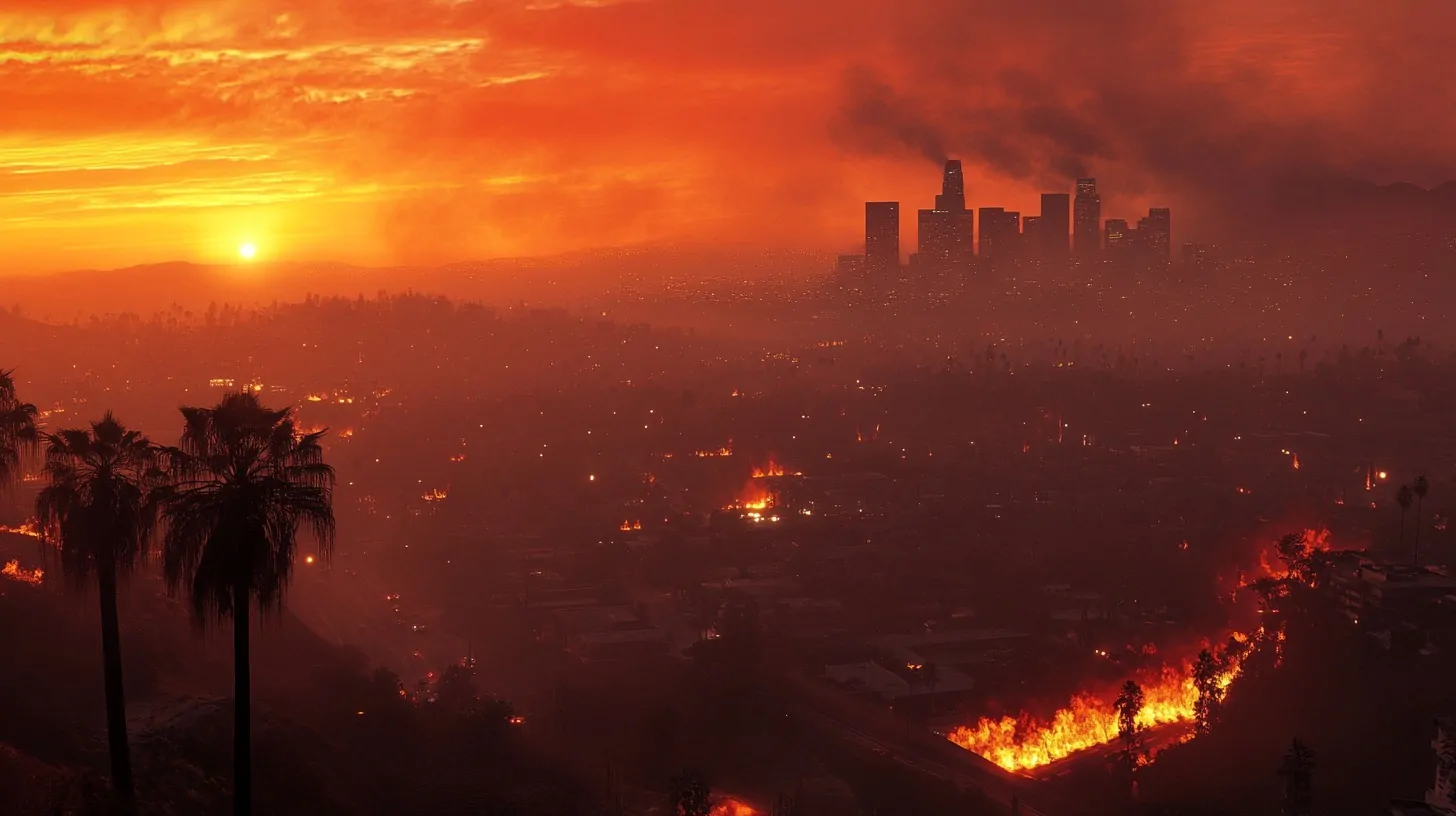 Sunset view of Los Angeles with smoke and fire engulfing parts of the city, silhouetted palm trees in the foreground