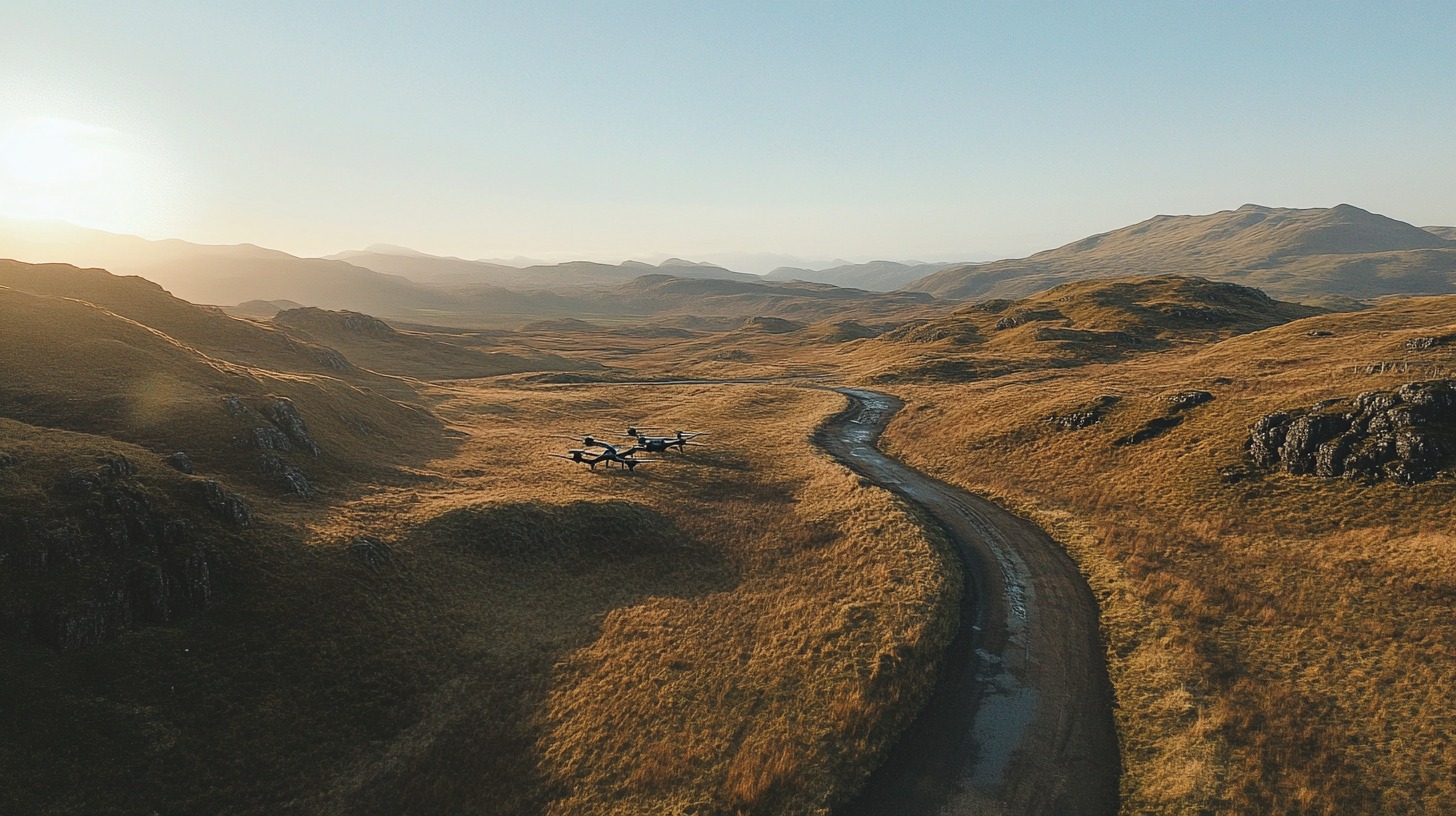 A drone in a vast, mountainous landscape near a winding dirt road during sunset