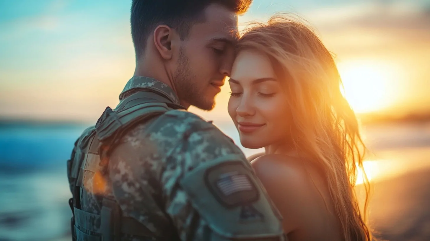 Military soldier embracing his partner at sunset, symbolizing love and support