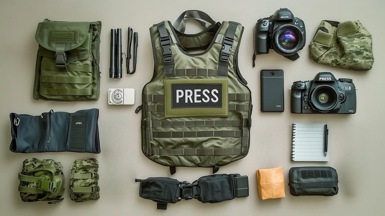 A flat lay of essential gear, including a bulletproof press vest, cameras, notepad, tactical gloves, flashlights, and other survival equipment