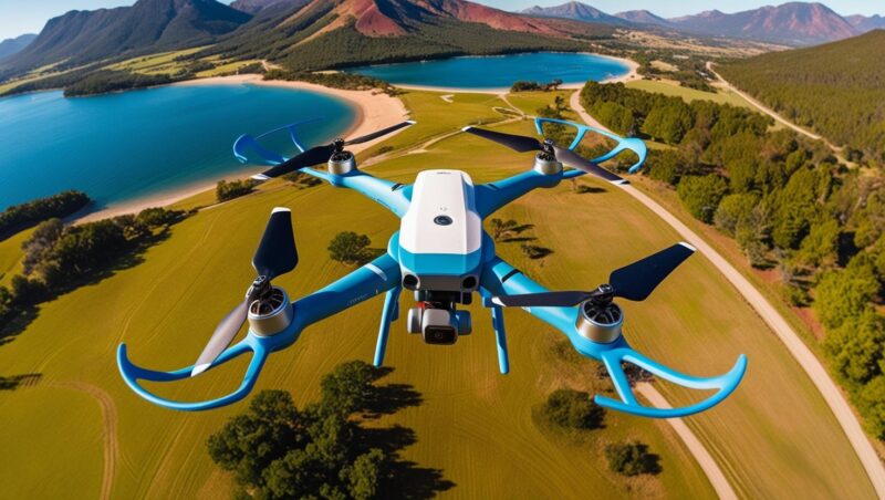 A sleek drone in vibrant blue soaring above pristine fields and crystal-clear lakes, showcasing picturesque landscapes.