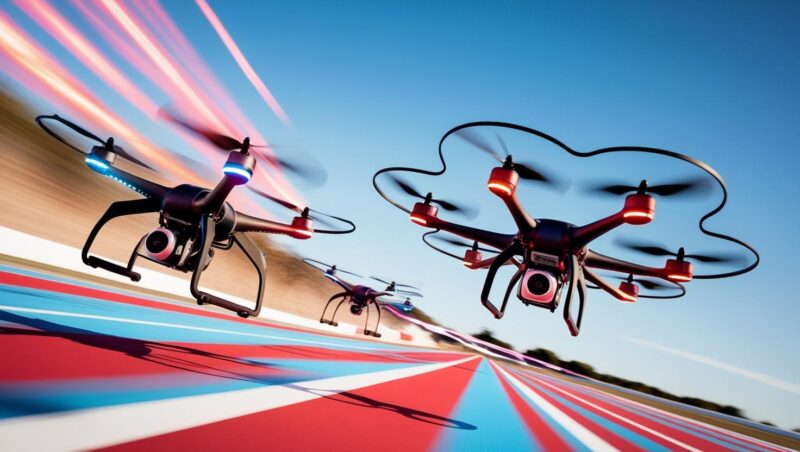 High-performance drones racing on colorful tracks, emitting a futuristic vibe with neon lights and dynamic motion trails.