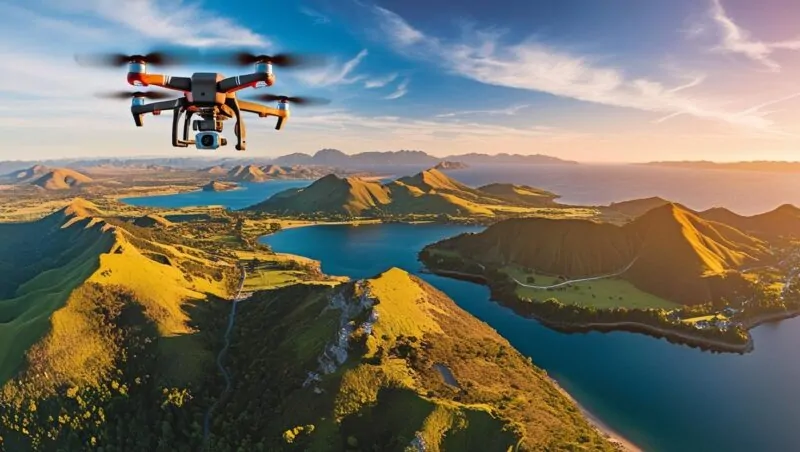 A scenic drone capturing breathtaking aerial views of lush green landscapes and serene blue lakes under the golden hues of sunrise.