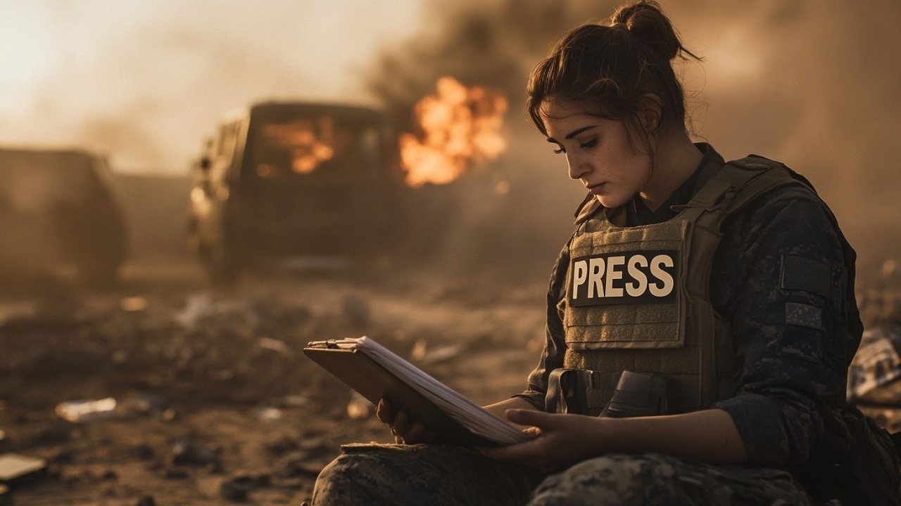 A war journalist in a tactical press vest observes a battlefield scene with armed soldiers, underscoring the importance of field safety and coordination in conflict reporting