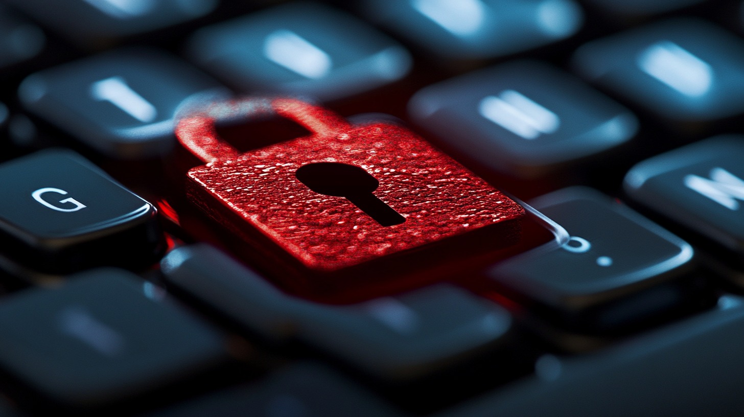 A close-up of a red lock icon on a black keyboard, symbolizing cybersecurity