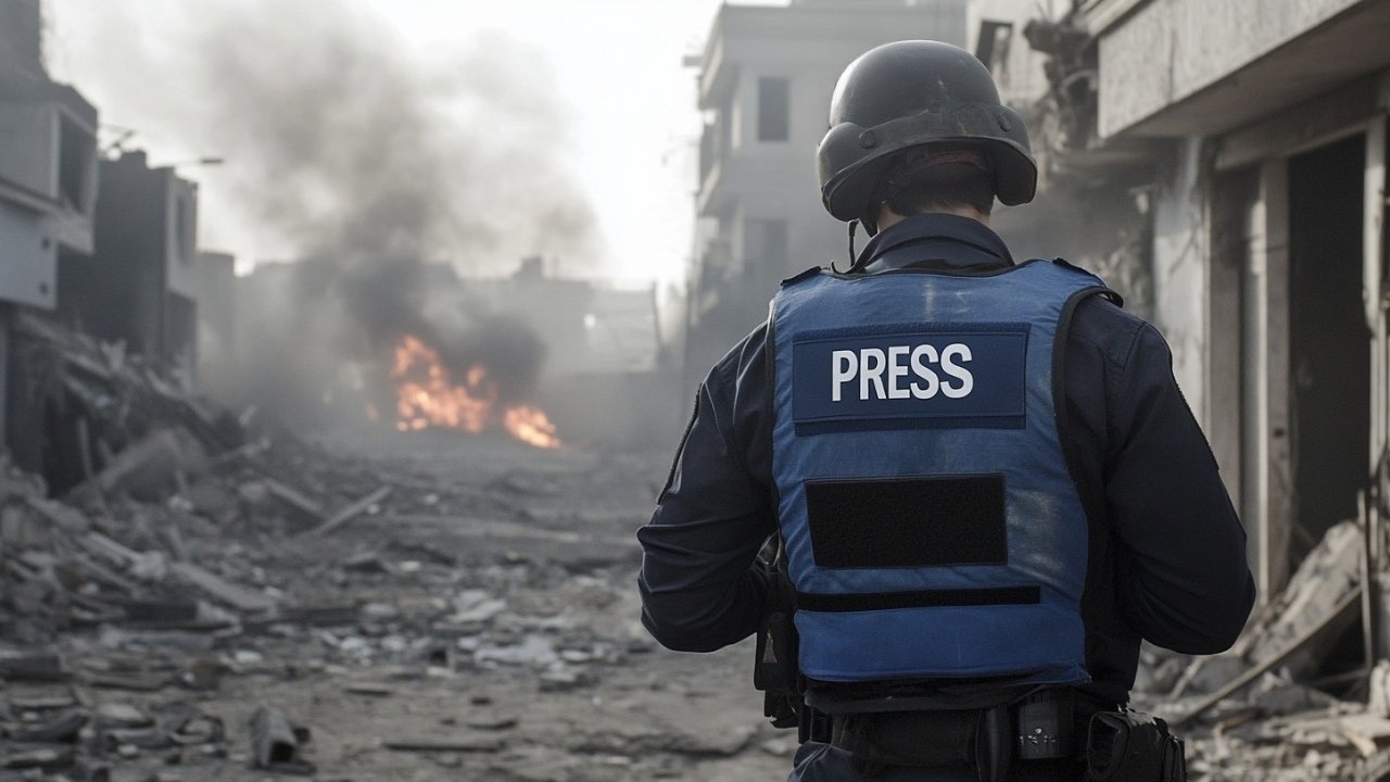 A war correspondent in full protective gear, including a bulletproof press vest and helmet, taking notes amidst a war-torn city with smoke and fires in the background