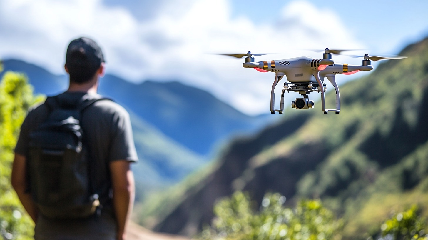 A hiker in the mountains watches a drone flying nearby, capturing scenic views