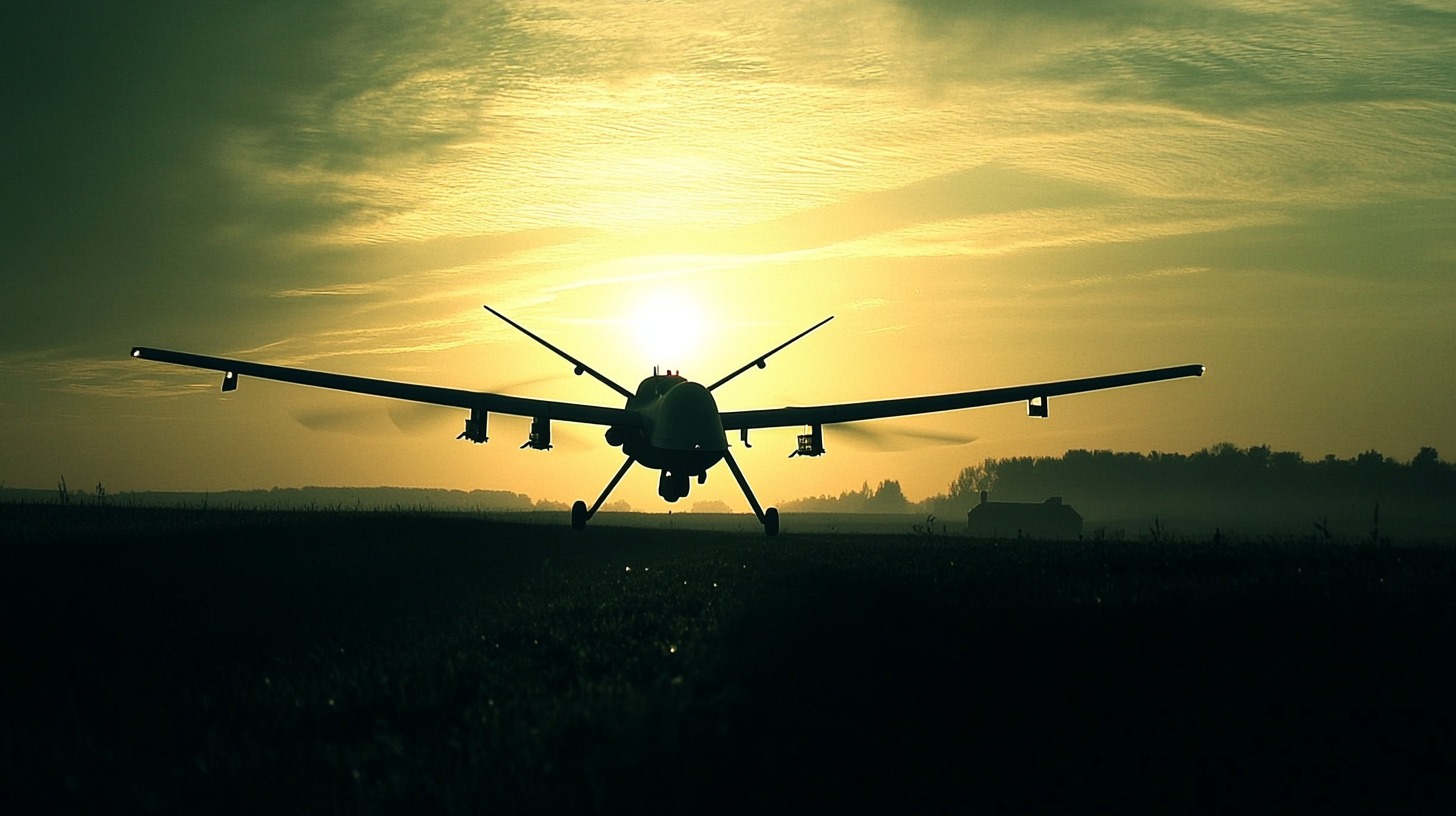 A silhouette of a military drone on the ground with a sunrise in the background