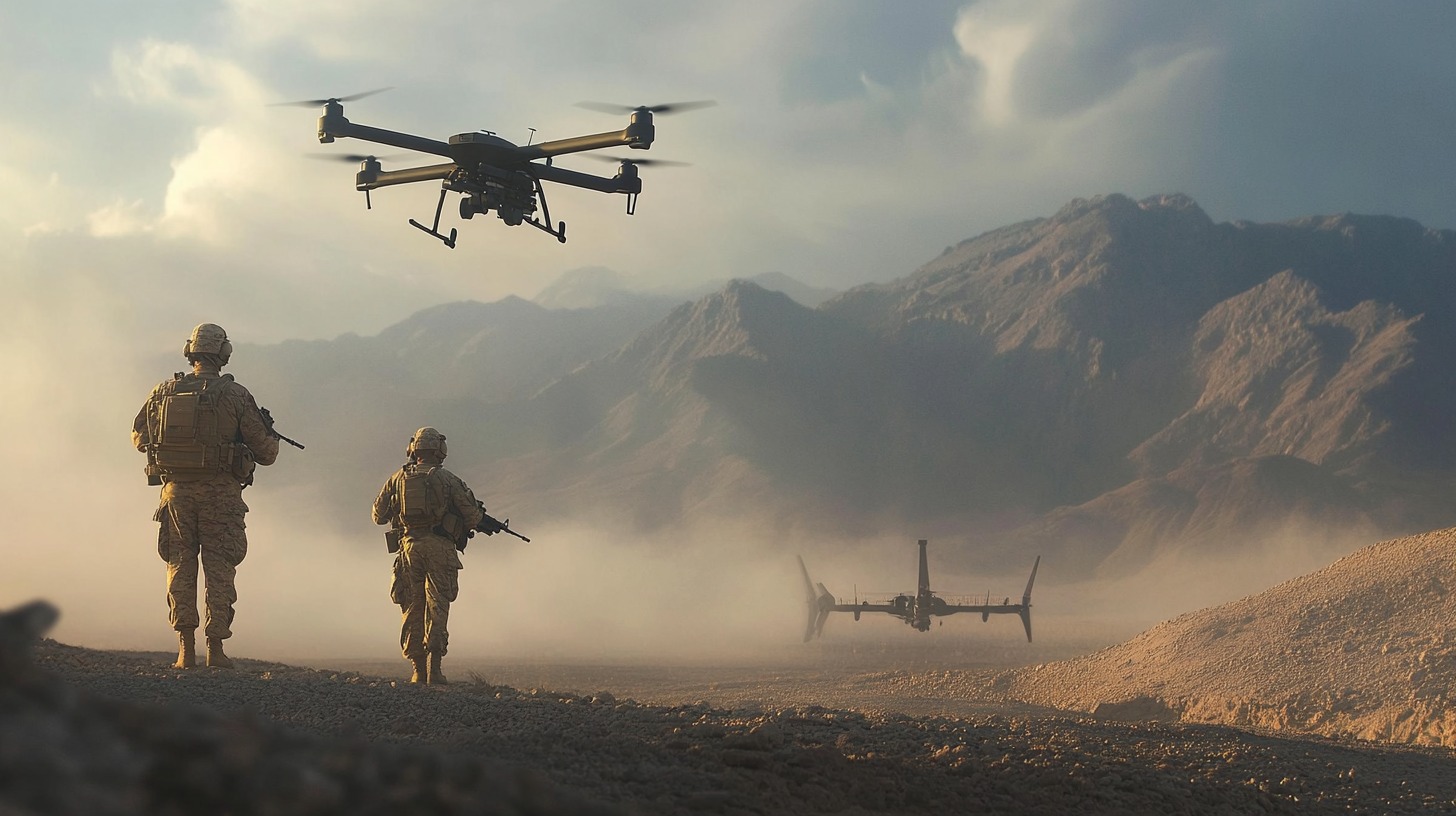 Two soldiers walking in a desert landscape with drones flying overhead, surrounded by mountains and a hazy sky