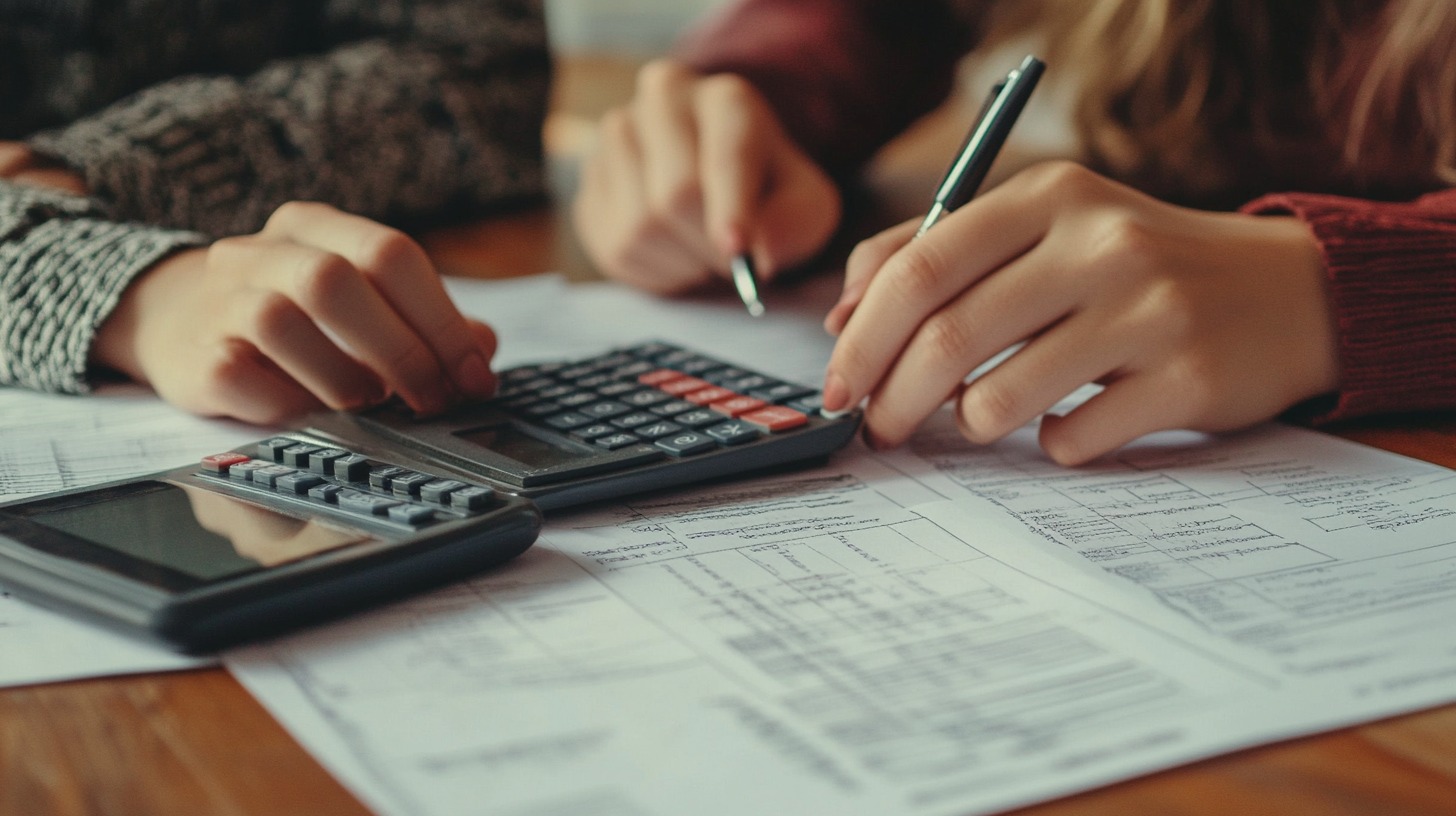 Close-up of hands using calculators and filling out financial documents at a table