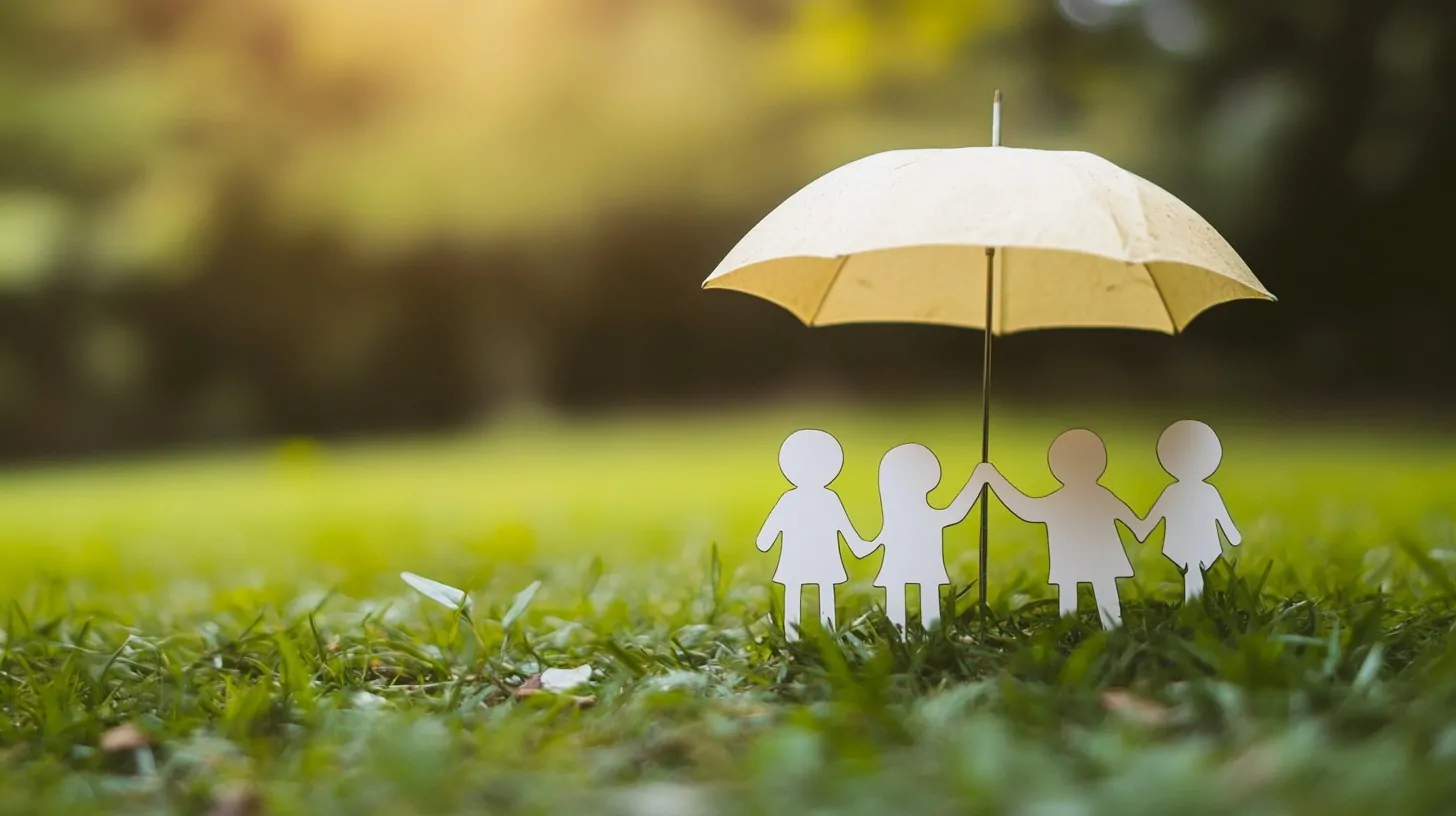 Paper cutout family under a yellow umbrella on green grass, symbolizing protection and care