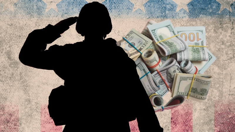 Soldier Saluting with Money Bundles and An American Flag Background