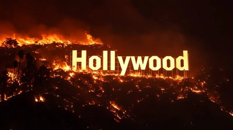 The Hollywood sign illuminated against a backdrop of intense wildfires burning through the surrounding hills at night