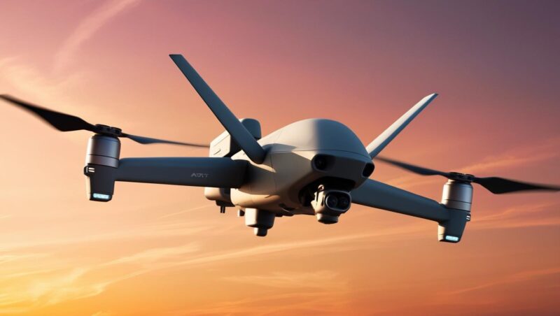 Military Drone flying in the sunset