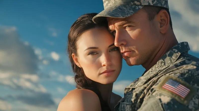 A military service member in uniform embracing his partner against a blue sky