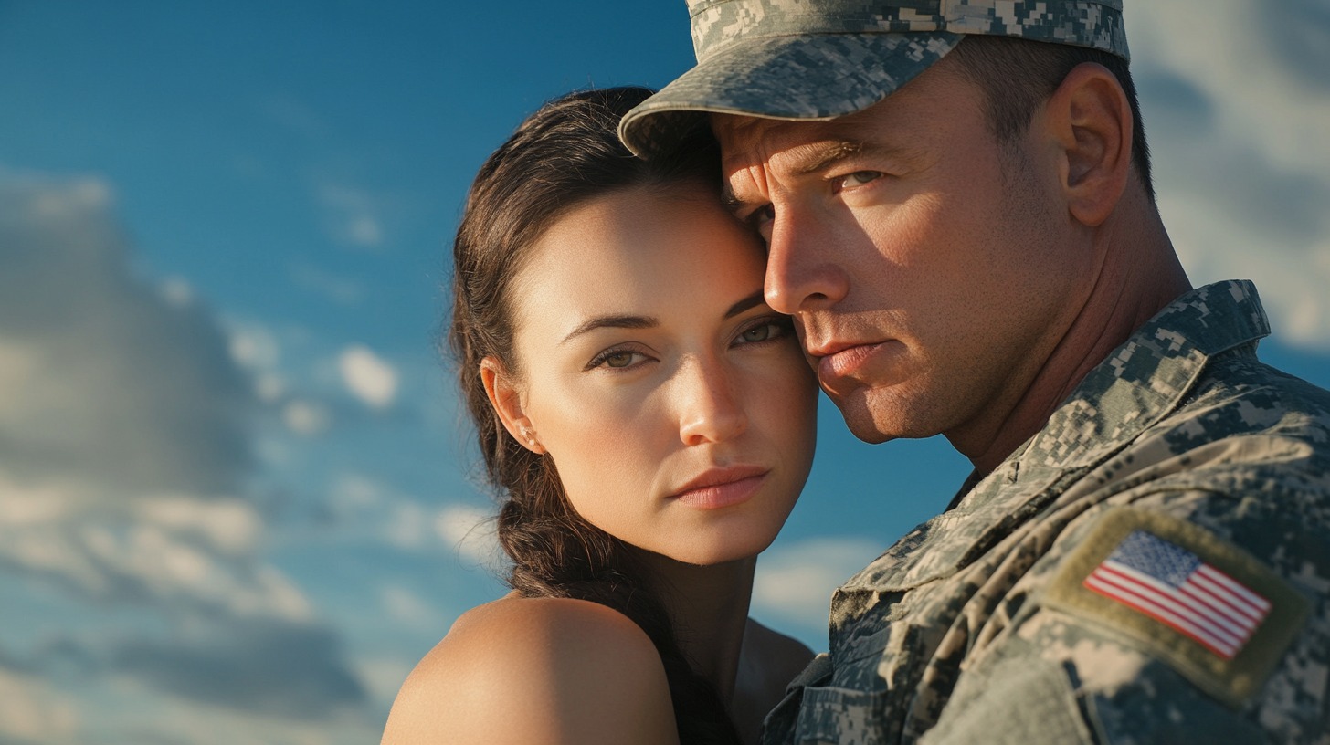 A military service member in uniform embracing his partner against a blue sky